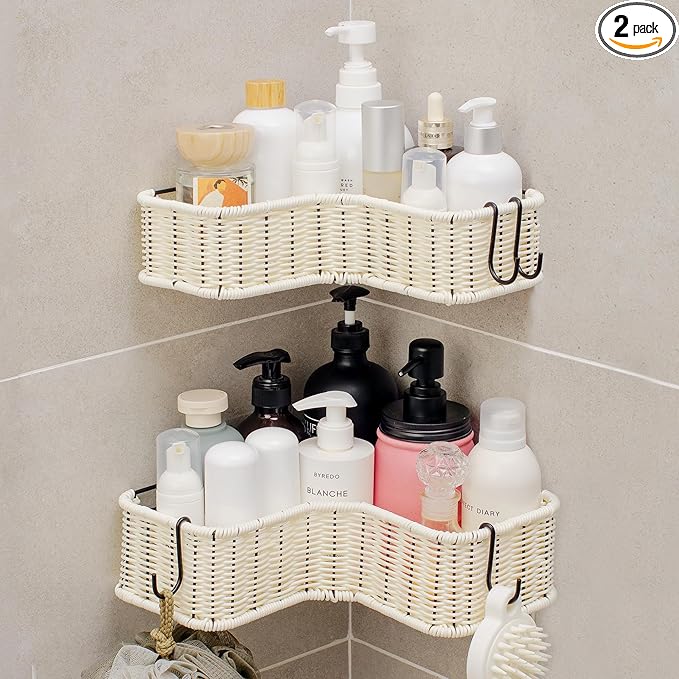 GRANNY SAYS Shower Caddy, Corner Shower Organizer, 2 Pack Rust-Proof Wicker Shelves for Bathroom, White