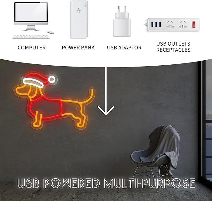 Dimmable Dachshund Neon Sign - Cute Dog with Christmas Hat - Led Light Sign for Home, Bedroom, Party Decor