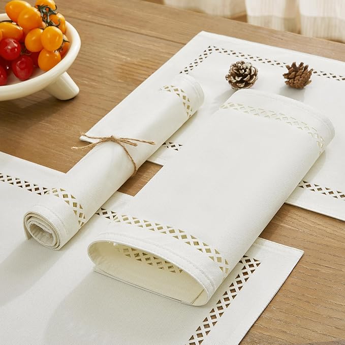 Burlap Placemats Set of 4, 12 x 18 Inch Rustic Geometric Hollow Place Mats, Heat Resistant Placemats for Farmhouse Kitchen Table Decor, Off White 4PCS