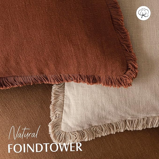 Foindtower Set of 2 Decorative Linen Fringe Throw Pillow Covers Boho Farmhouse Cushion Cover with Tassels Soft Accent Pillowcase for Couch Sofa Bed Living Room Home Decor,24×24 Inch,Orange Brown