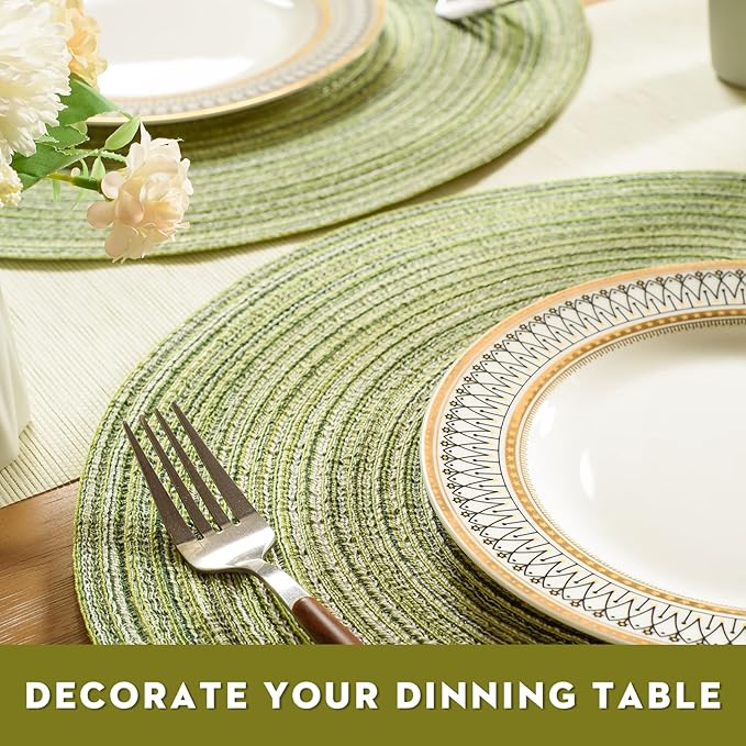 FunWheat Round Braided Placemats Set of 4 Place mats for Dining Tables Woven Heat Resistant Table Mats 15 inch (E Light Green, 4pcs)