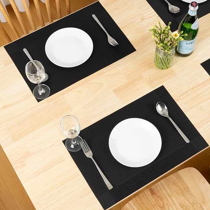 Winknowl Placemats, Set of 8 Heat Resistant Stain Resistant Woven Vinyl Insulation Place mats, Durable Washable Elegant Table Mats for Dining (Black)