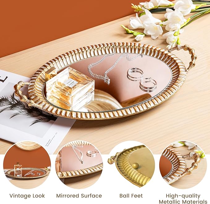 Glitzhome Set of 2 Oversized Vintage Gold Mirror Decorative Trays with Handles, Oval Metal Vanity Jewelry Tray Perfume Dresser Tray, Elegant Jewelry Organizer Makeup Trays