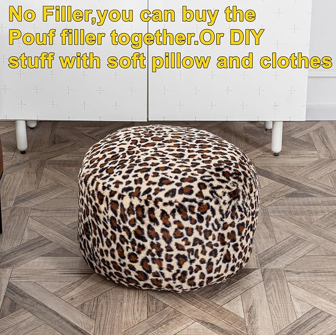 Asuprui Animal Pouf Ottoman Unstuffed Ottoman Foot Rest Round Fuzzy Pouf Seat Bean Bag Foot Rest Foldable Floor Chair Storage for Living Room Bedroom Leopard Print