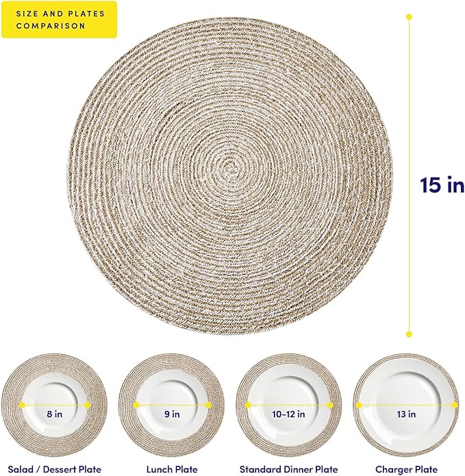 Round Placemats Set of 6-100% Cotton Two-Tone Placemat for Dining Table - Woven Braided Table Setting Place Mat - Washable Table Decor for Kitchen, Farmhouse, Rustic, Everyday Use, Eggshell