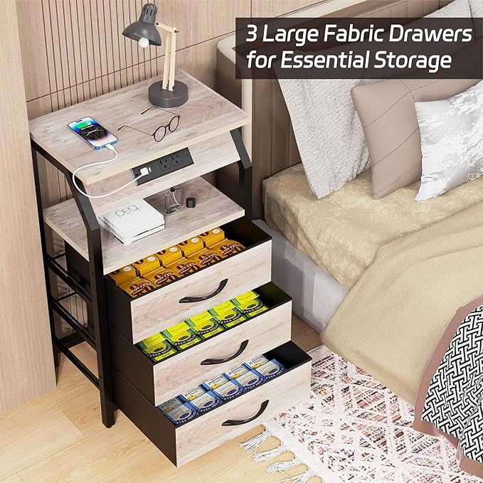 End Table with 3 Drawers, Night Stand with Charger Station and LED Lights, Small Nightstand with Fabric Storage, Farmhouse Side Table for Bedside, Living Room, Dorm, Greige