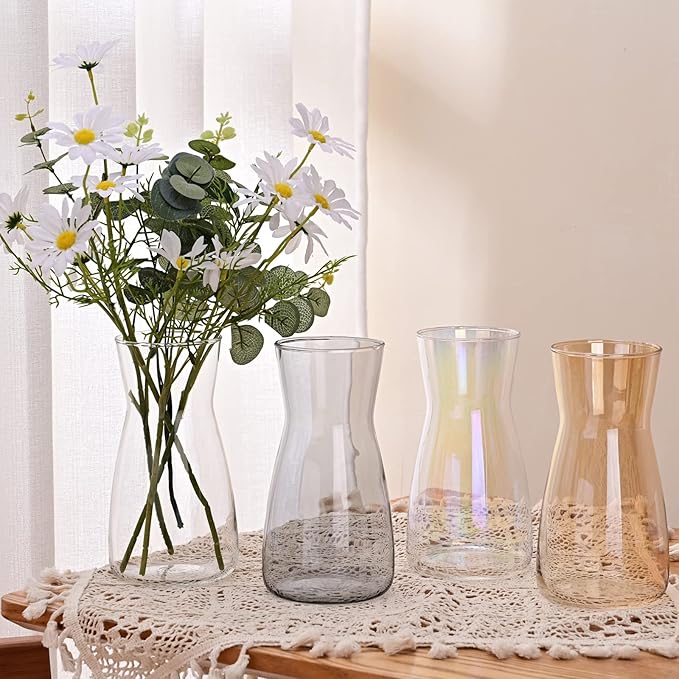 Glass Vases for Flowers, 8 Inch Tall Ins Modern Gray Crystal Clear Glass Vases for Centerpieces Home Desk Decoration, Decorative Glass Table Vase for Birthday Wedding Housewarming Gift