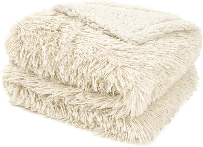 PAVILIA Cream Beige Fluffy Bed Blanket, Queen Size, Fuzzy Blanket for Women Men, Furry Plush Warm Large Blanket for Couch Sofa, Super Soft Thick Faux Fur Sherpa Blanket, 90x90
