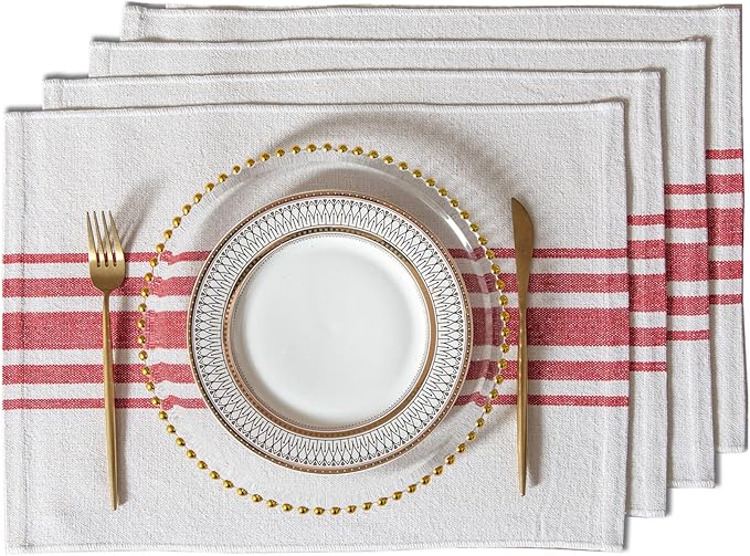 Placemats Set of 4 for Dining Table, Woven Cloth Place Mats for Kitchen Tabletop Décor, Handcrafted Machine Washable Cotton Table mats 13 x 19 Inch, Red and Beige