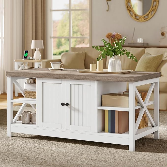 YITAHOME Coffee Table with Storage, Farmhouse Coffee Tables for Living Room, Rectangle Coffee Table 2 Tiers Shelf, CenterTable Space Saving Living Room Small Tables, Easy Assembly, Brown and White