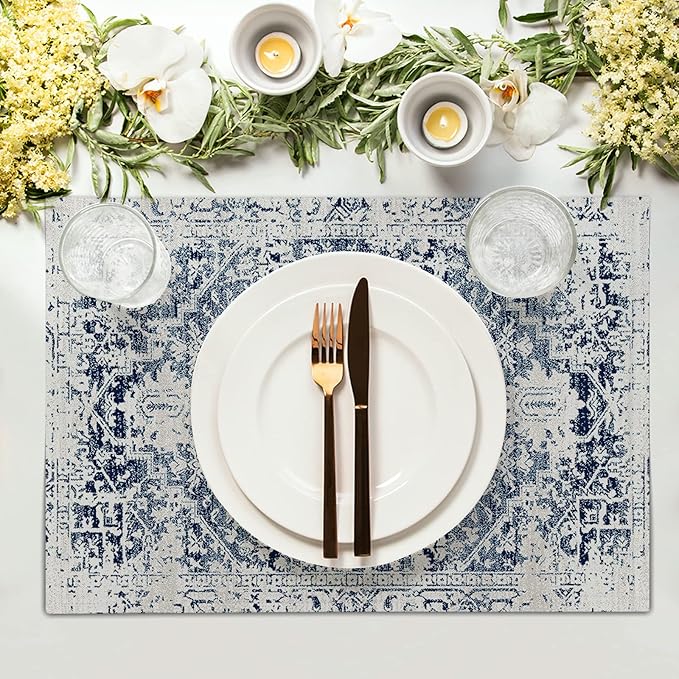 Navy Blue Grey Ethnic Boho Placemats Set of 4 Bohemian Carpet Vintage Gray Linen Washable Kitchen Dining Table Mats Stain Heat-Resistant Desktop Decor Place Mats for Home Party Indoor 12x18 in
