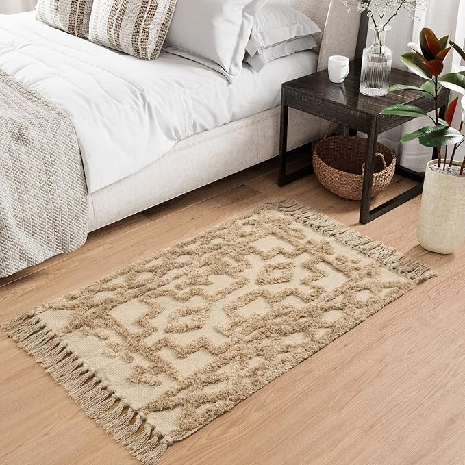 Uphome Boho Bathroom Rug 2' x 3', Small Farmhouse Kitchen Rugs with Tassels, Khaki Washable Front Door Mat, Cotton Woven Moroccan Tufted Throw Rug for Bedroom Entryway Laundry Living Room