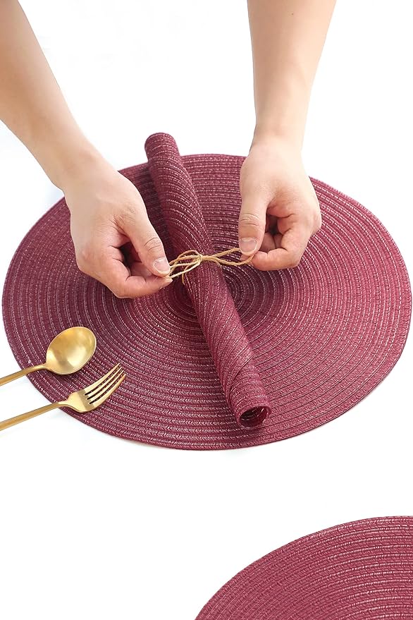 Floroom 15 Inch Round Braided Placemats Set of 6, Washable Heat Resistant Cotton Polyester Circle Place Mats for Kitchen Dining Table - Burgundy
