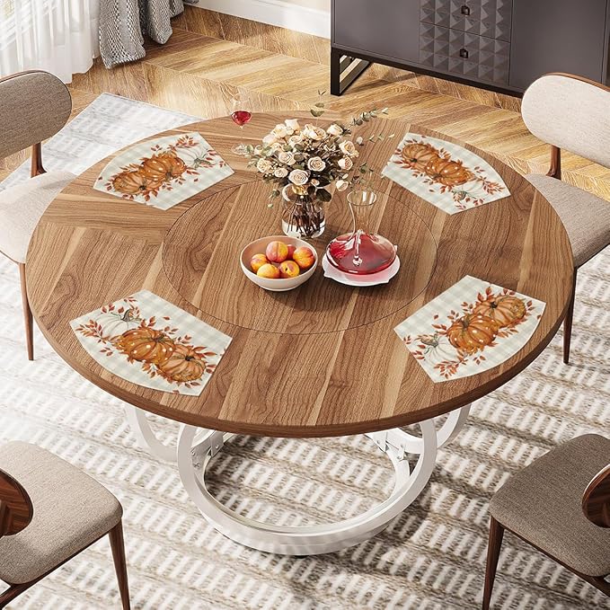 Artoid Mode Orange Buffalo Plaid Pumpkin Leaf Round Table Wedge Placemats Set of 4, Seasonal Fall Kitchen Dining Table Decoration for Indoor Party Home