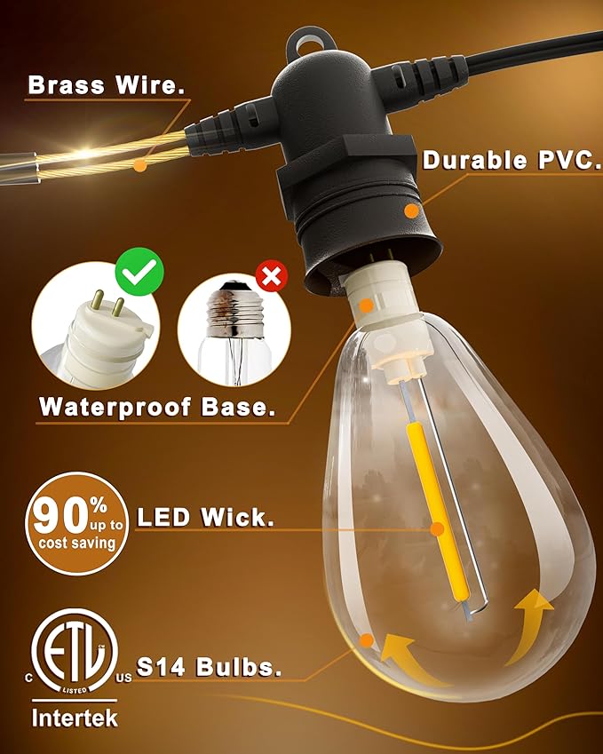 30FT LED Outdoor String Lights with 10+1 Edison Shatterproof IP65 Waterproof Bulbs, 2700K Dimmable Commercial Grade Patio Lights, Heavy Duty Outside Hanging Lights for Garden Porch Decor