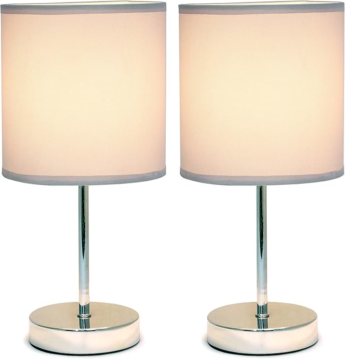 Simple Designs LT2007-SLT-2PK Chrome Mini Basic Table Lamp with Fabric Shade 2 Pack Set, Slate Gray