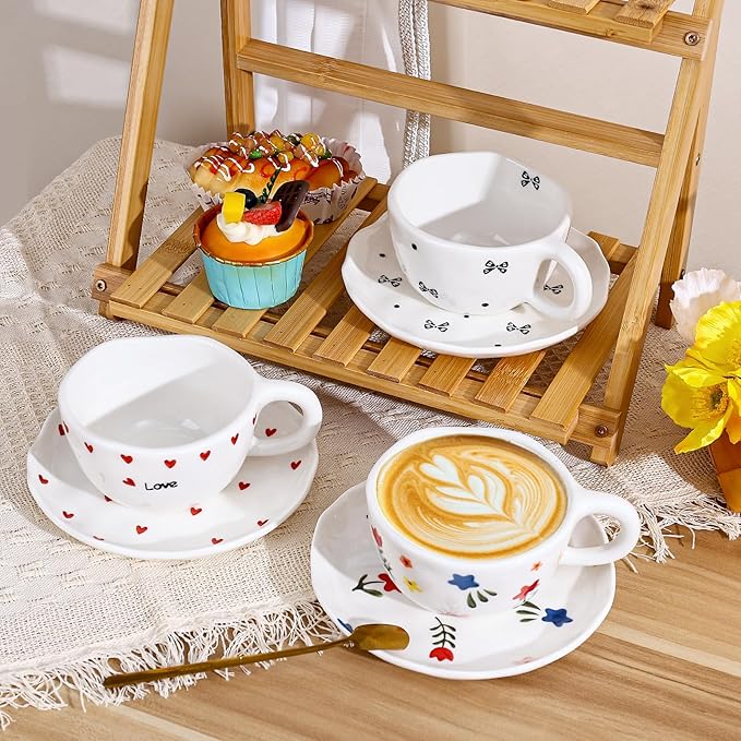 Koythin Ceramic Coffee Mug with Saucers, Handmade Flowers Mugs, Cute Cup for Girl Women, Aesthetic Tea Milk Cup with Handle, 8.5 oz/250 ml for Latte, Cocoa, Office, Home (Little Heart Love)