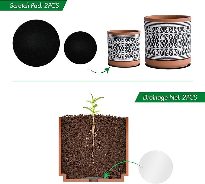 D'vine Dev Set of 2 Terracotta Pots, Diamond Pattern Planter Pot, 4 Inch and 6 Inch, Pot with Drainage Hole and Saucer, Terracotta/Black, 31-958-G-2