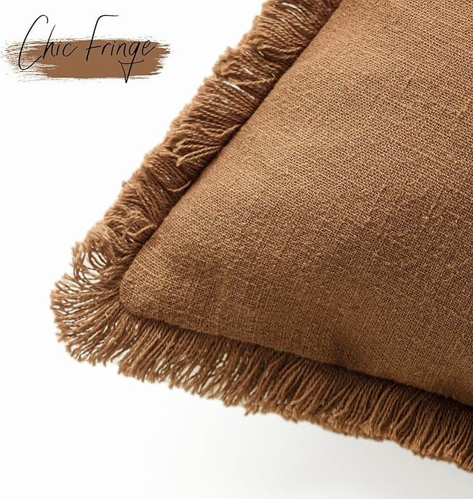 Foindtower Set of 2 Decorative Linen Fringe Throw Pillow Covers Boho Farmhouse Cushion Cover with Tassels Soft Accent Pillowcase for Couch Sofa Bed Living Room Home Decor,24×24 Inch,Orange Brown