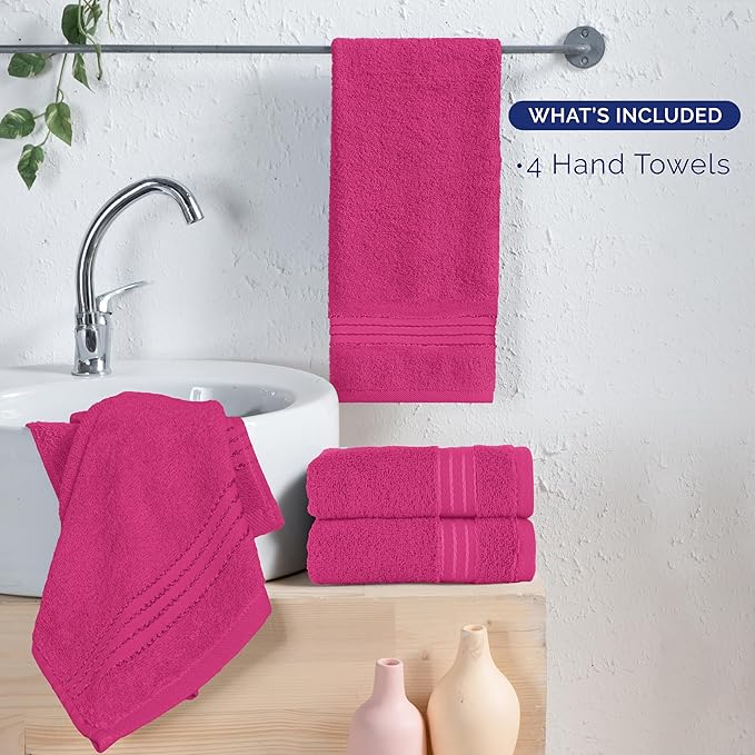 Elegant Comfort Premium Turkish Cotton 4 Pack Hand Towel Set - 16 x 28 inch, Luxurious Hotel Spa Quality 100% Turkish Cotton 4PC Hand Towel Set - Highly Absorbent - Soft Bathroom Towels, Hot Pink