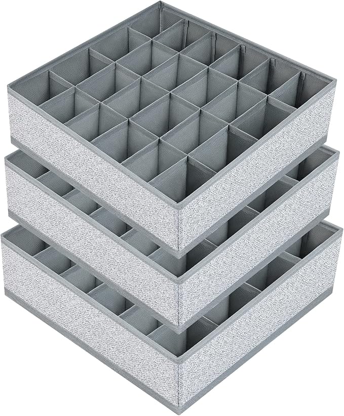 Joyoldelf Sock Organizer, 24-cell Underwear Drawer Organizer Women Fabric Sock Organizer for Closet for Socks, Lingerie, Handkerchiefs, Ties, 3 Packs (Gray)