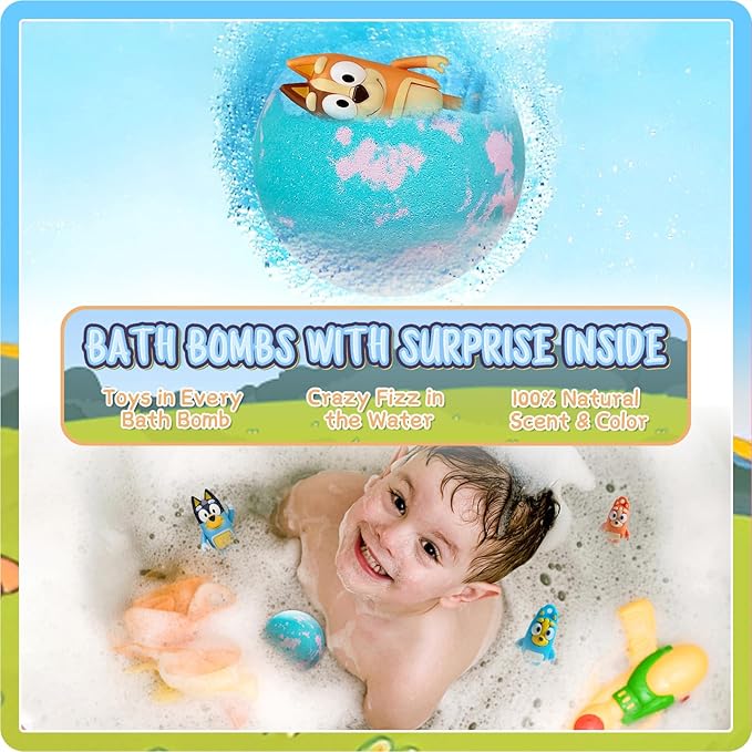 The Blue Heelers Gifts Set: Bath Bombs with Toys Inside, Shower Steamers, Mask Craft, Keychain, Drawstring Backpack, Towel, Blanket, Sticker, Poster, Gift Card, Birthday Gifts for Kids Boys Girls