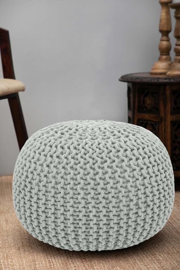 COTTON CRAFT Round Pouf Ottoman - Knitted Cotton Braid Cord Cable Dori Floor Pouf Foot Stool Accent Furniture Chair Seat Bean Bag - Living Room Bedroom Kids Room Nursery Dorm - 20 x 14- Ash Grey