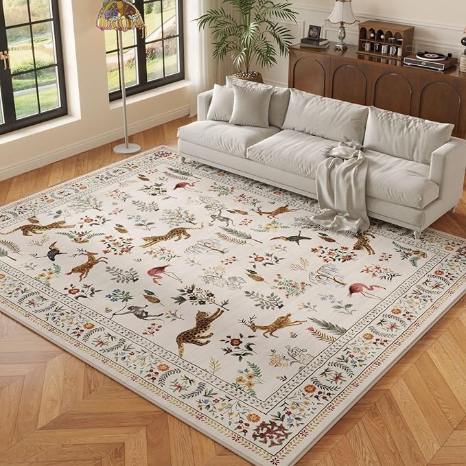 Round Rug 4ft Washable Circle Rug Non Slip Low Pile Boho Floral Animal Small Circular Rug for Bedroom, Bathroom, Entryway, Kids Room, Office, College Dorm (Beige)