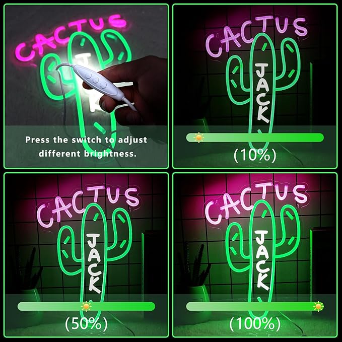 Cactus Jack Neon Signs for Wall Decor Dimmable Pink Green Cactus LED Neon Light for Bedroom Christmas Decoration USB Powerd Plant Light Up Hanging Sign Home Party Birthday Gift 15.7"X11.8"