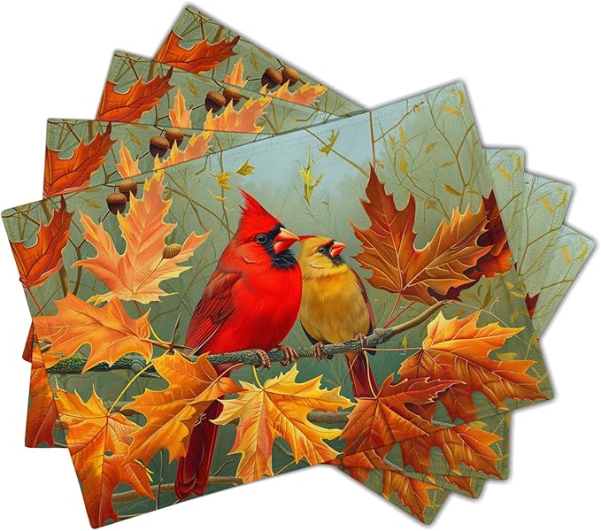 Giwawa Fall Birds Placemats Set of 4, 12"x18" Autumn Trees Maple Leaves Chestnuts Table Mats, Thanksgiving Harvest Heat Resistant Washable Linen Place Mat for Kitchen Dining Holiday Party Decor