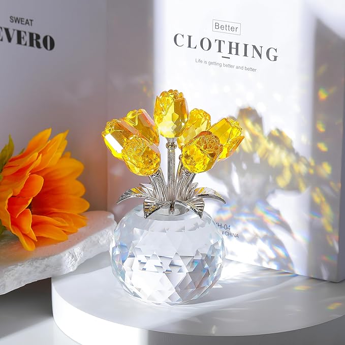Yellow Rose Flower Crystal Figurine with Vase, Bouquet Flowers Ornament Gifts for Wife Girlfriend Women , Handmade Crystal Flower Collectible Home Table Decor for Valentine's Day Wedding Anniversary