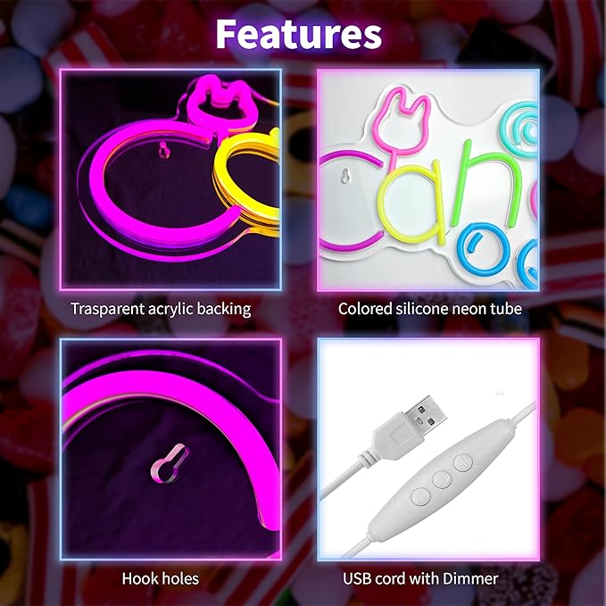 Candy Neon Sign USB Powered LED Bunny Candy Neon Signs Dimmable LED Neon Lights for Bedroom Candy Bar Shop Candy Cart Display Halloween Party Candy Land Party Art Decoration Birthday Gifts