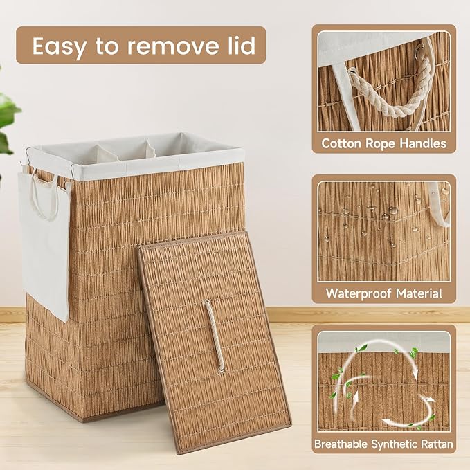 Laundry Hamper with Lid, 55.5 Gallon (210L), Large Handwoven Rattan Laundry Basket, 3 Section Clothes Hamper with Handles, 2 Removable Liner and Side Pocket, Natural