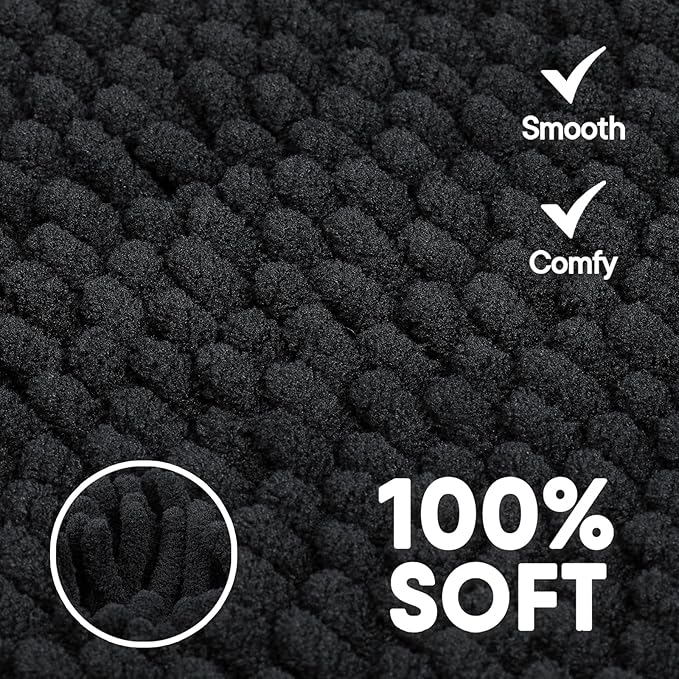 Bathroom Rugs 2 Pieces Chenille Bath Rug Mat, Extra Thick and Soft Absorbent Bath Rugs, Machine Washable, Non-Slip Plush Bath Mats for Tub, Shower, and Bath Room (Black, 32"x20"+24"x16")