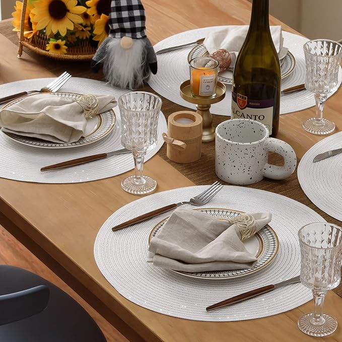 FunWheat Round Placemats Set of 6 Table Mats for Dining Tables Washable Non-Slip Place mats 15 Inch for Wedding Party(White Sliver)