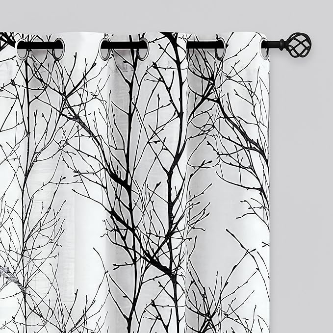 FMFUNCTEX Linen Semi Sheer Curtains for Bedroom, Black White Curtains 84 Inches Long for Living Room, Grey Tree Branch Patterned Curtain Light Filtering Farmhouse Window Drapes, Grommet Top 2 Panels