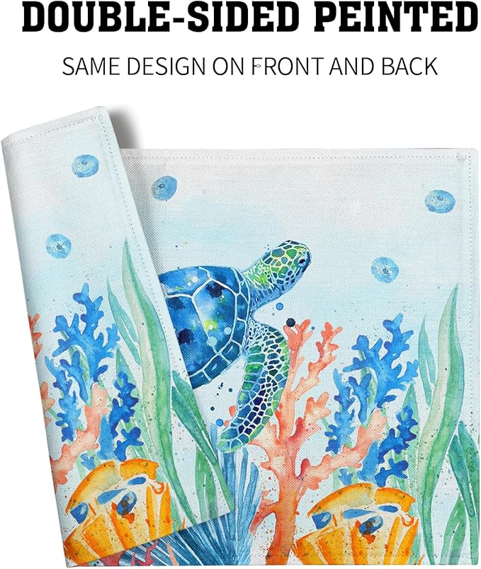 Giwawa Sea Turtle Placemats Set of 4, Watercolor Blue Tortoise Place Mat 12x18 Inch, Ocean Nautical Coral Coastal Marine Table Mats Heat Resistance for Kitchen Dining Party Picnic Decor