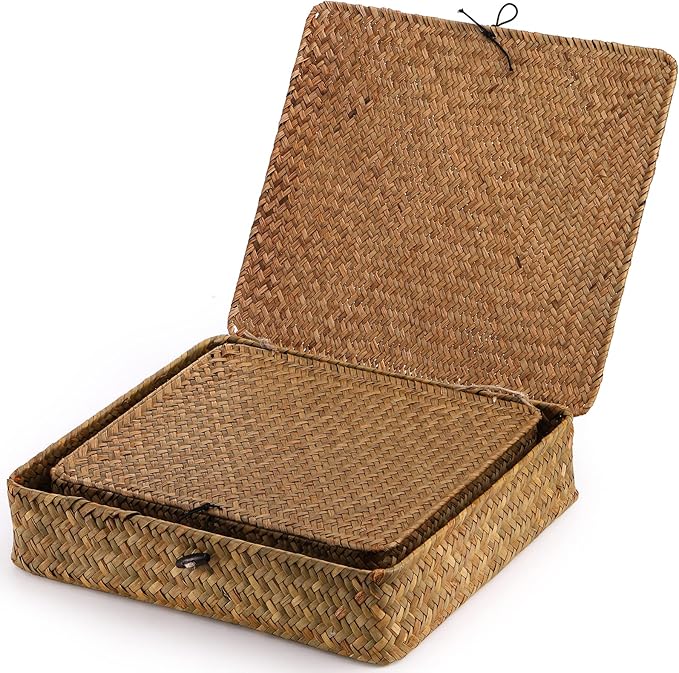 Elsjoy 2 Pack Seagrass Baskets with Lid, Wicker Storage Baskets Flat Rattan Storage Bins, Woven Organizer Baskets for Shelf, Closet, Bedroom