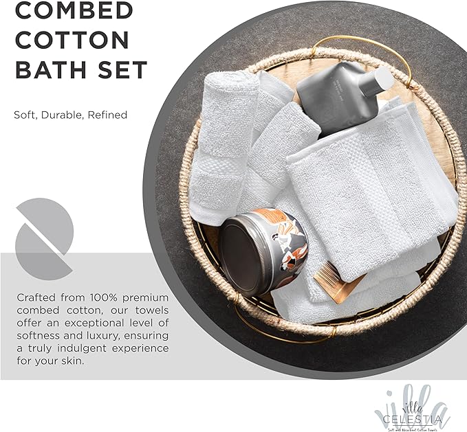 100% Cotton Bath Towel Set of 18-4 Bath Towels, 6 Hand Towels, 8 Wash Cloths, Sustainable, Soft, Highly Absorbent, Combed Cotton 18 Piece Set for Hotels, Spa, Bathroom, Dorm, White