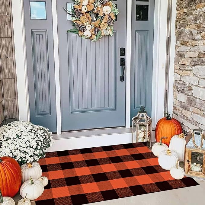 Buffalo Plaid Rug 28 x 43 Inches Fall Outdoor Front Door Decor Mat, Cotton Washable Hand-Woven Rug for Layered Doormat, Autumn Halloween Thanksgiving Carpet for Porch (Orange and Black Plaid)