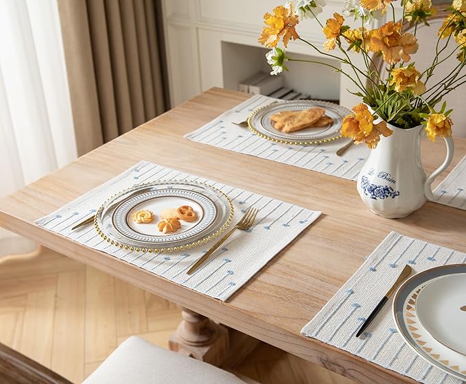 Placemats Set of 6 for Dining Table Décor, Woven Cloth Place Mats for Farmhouse Kitchen Tabletop, Handcrafted Machine Washable Cotton Table mats 13 x 19 Inch, Light Blue and Beige