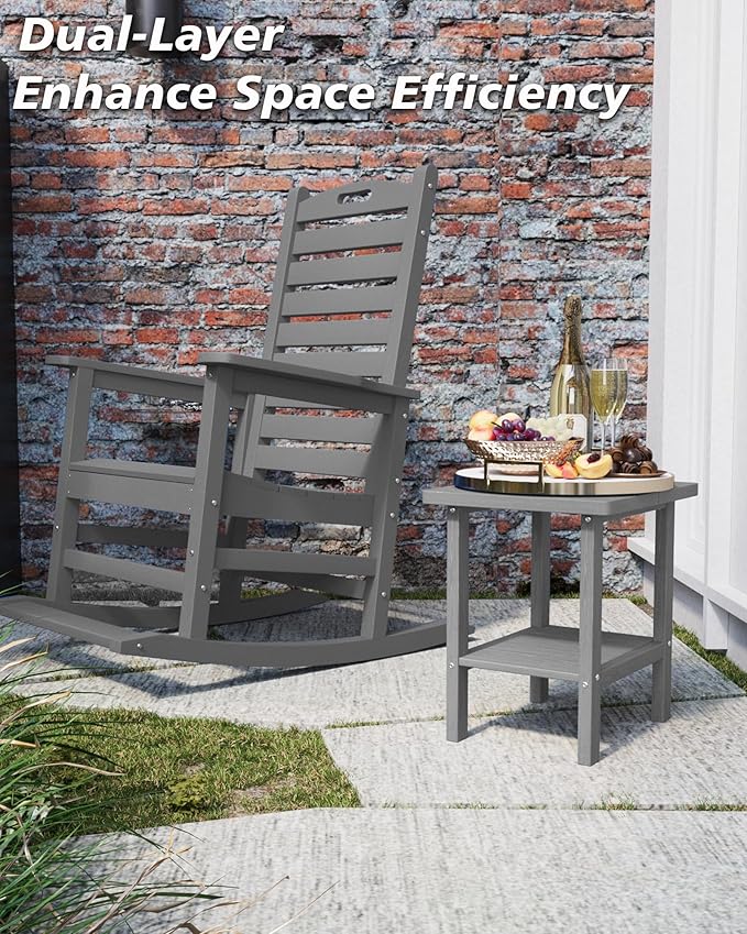 2-Tier Adirondack Square Outdoor Side Table, Pool Composite Patio Table, Weather Resistant End Table for Patio, Backyard, Pool, Easy Maintenance - Gray