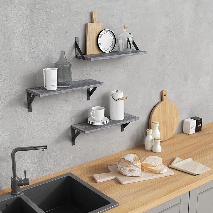 Forbena Grey Floating Shelves for Wall Decor Set of 3, Floating Book Shelves for Bedroom Living Room Classroom Library Office, Wall Mounted Shelf for Kids Room Christmas Decor (Rustic Gray)