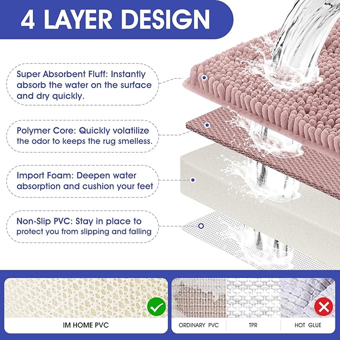 Striped Dusty Pink Bathroom Rug Set 3 Pieces Ultra Soft, Non Slip Chenille Bath Carpet, Absorbent Plush Shaggy Bath Mats for Bathroom, Toilet, Bedroom, Kitchen