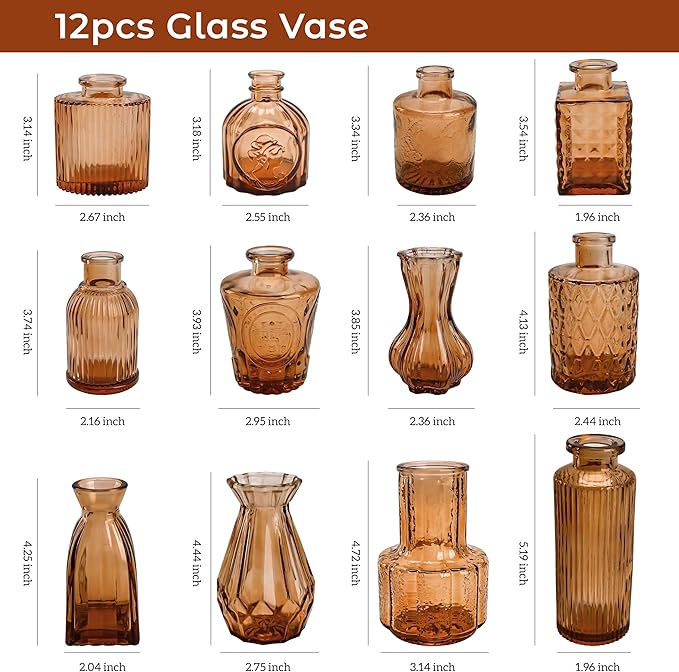 Der Rose Bud Vases in Bulk Glass Vase for Centerpieces Set of 12 Small Flower Vases Mini Vintage Vases for Rustic Wedding, Home Table Decorations (Amber)