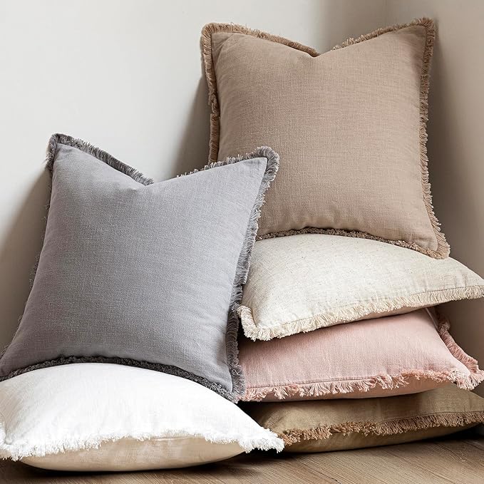 Foindtower Set of 2 Decorative Linen Fringe Throw Pillow Covers Boho Farmhouse Cushion Cover with Tassels Soft Accent Pillowcase for Couch Chair Sofa Bed Living Room Home Decor,18×18 Inch,Tan Beige