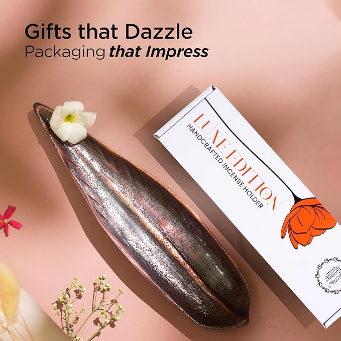 Raajsee Incense Holder Set with Nag Champa Incense Sticks 15gm,Curve Leaf Incense Stick Burner, Brass Incense Burner,Modern Stick Incense Holder for Yoga, Meditation,Home Décor Size 10x3 inches Copper