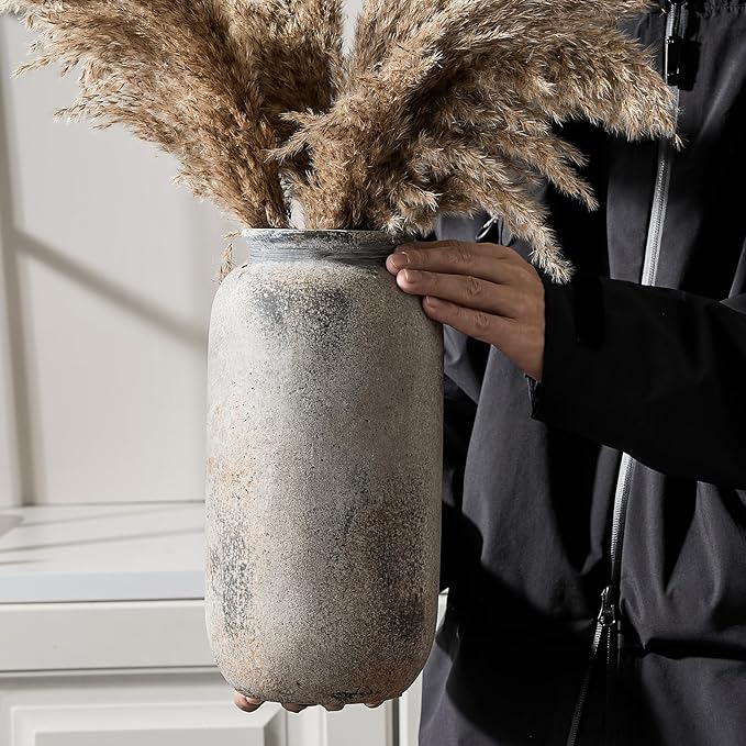 Ceramic Farmhouse Vase for Decor | 11.5 Inch Large Ceramic Rustic Vintage Flower Pottery Vase for Home Countertop, Living Room, Shelf, Centerpiece and Table Deocration, Terra