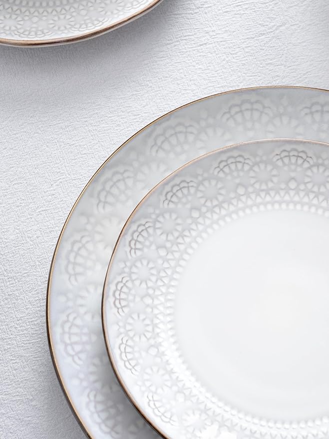 Famiware Eden Plates and Bowls Sets, Stoneware Dinnerware Sets with Gold Trim, 12 Pieces Dishes Set for 4 - Chip and Scratch Resistant, Microwave and Dishwasher Safe, White Floral