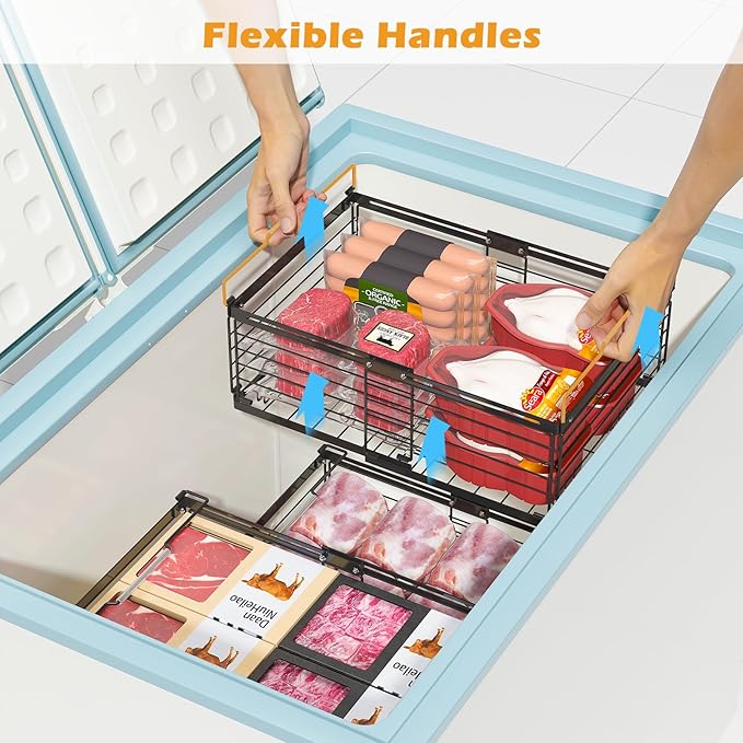 NADAMOO Freezer Organizer Bins, 2 Pack Large Expandable Stackable Chest Freezer Containers with Handle, Metal Adjustable Storage Baskets for Fridge, Deep Freezer, Cabinet, Kitchen, Pantry - Black